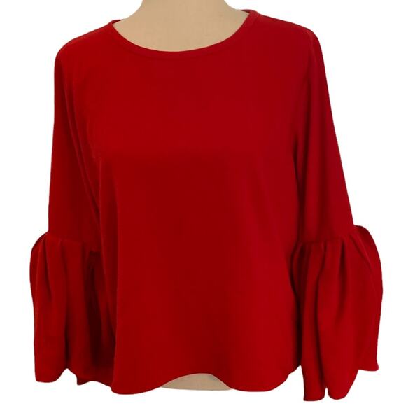 Zara woman top blouse red with blousy sleeve detail size large L rounded neck - Picture 1 of 7